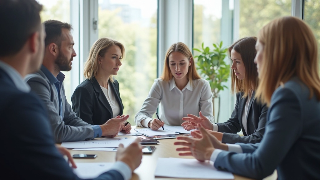 Professionelle Aufnahme eines Team-Meetings mit mehreren Mitarbeitern um einen Konferenztisch