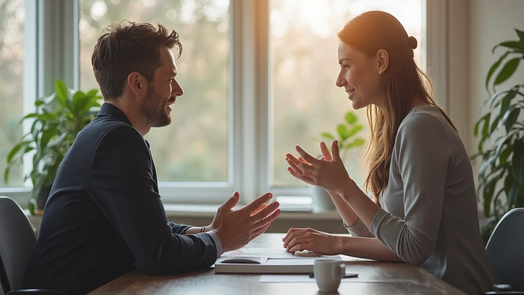 Professionelles Foto von zwei anatomisch korrekten Kollegen in einem offenen, ehrlichen Gespräch mit natürlicher Körpersprache und aktivem Zuhören