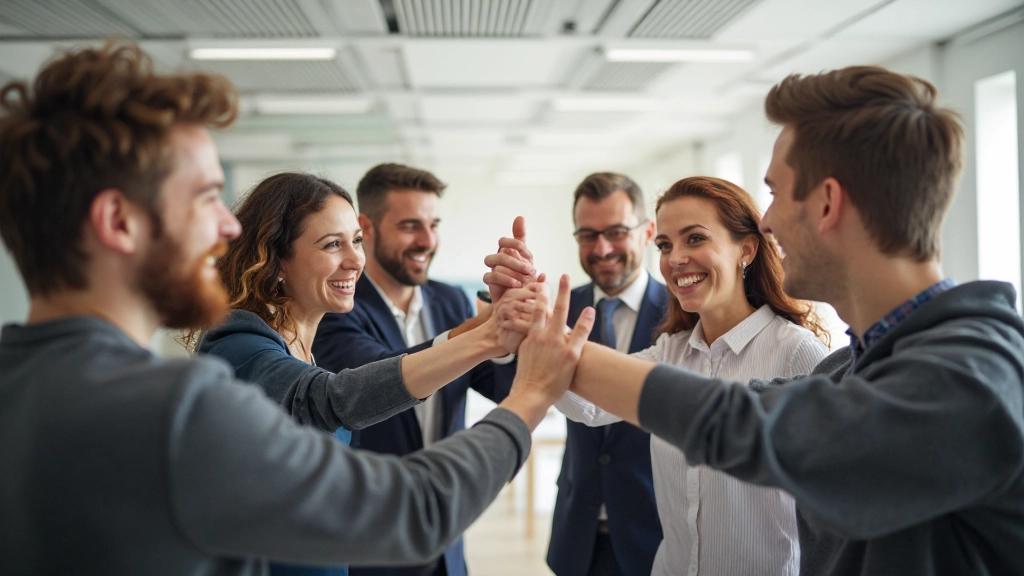 Team feiert gemeinsamen Erfolg mit Händeschlag und positiver Körpersprache